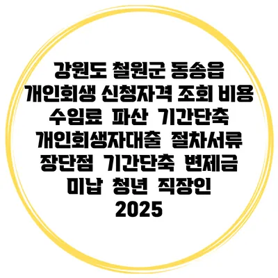 강원도 철원군 동송읍 개인회생 신청자격 조회 비용 수임료 | 파산 | 기간단축 | 개인회생자대출 | 절차서류 | 장단점 | 기간단축 | 변제금 미납 | 청년 | 직장인 2025