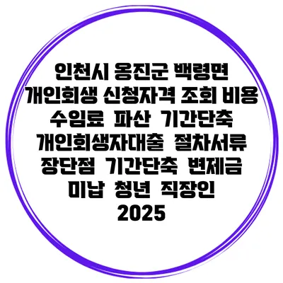 인천시 옹진군 백령면 개인회생 신청자격 조회 비용 수임료 | 파산 | 기간단축 | 개인회생자대출 | 절차서류 | 장단점 | 기간단축 | 변제금 미납 | 청년 | 직장인 2025